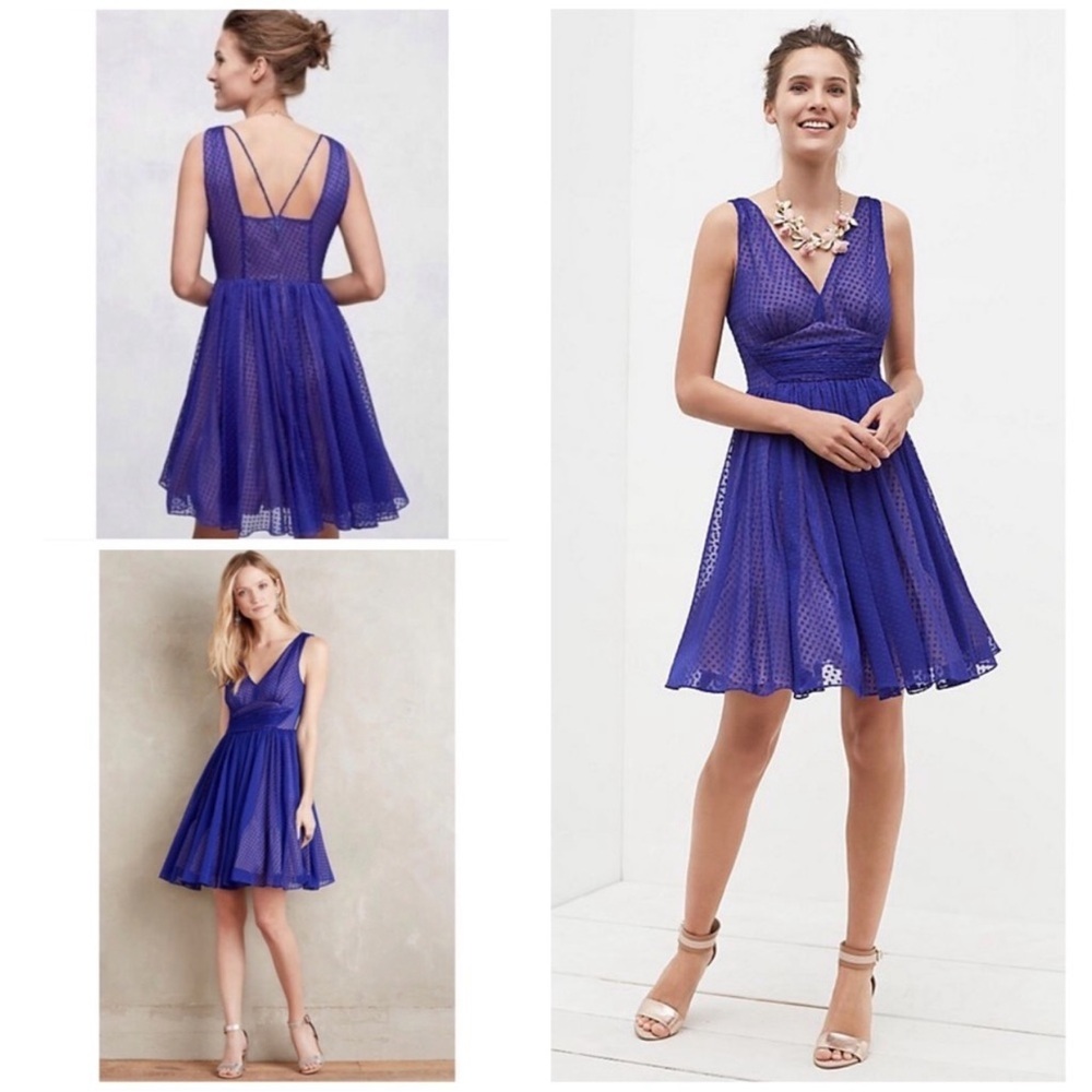 Anthropologie HD in Paris Babydoll Flared Clip-Dot Mini Dress Cobalt Blue Size 2